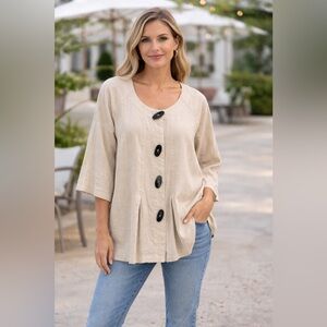 Soft Surroundings Beige Button Front Tunic  Lagenlook Wooden Button Top Size M